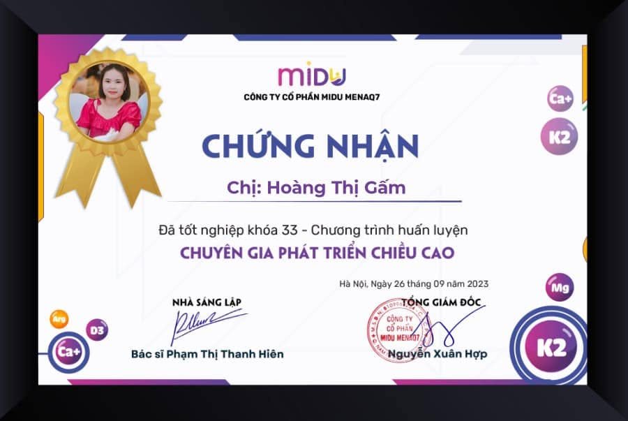 Chứng nhận tốt nghiệp khóa 33 Chương trình huấn luyện Chuyên gia phát triển chiều cao của Hoàng Thị Gấm