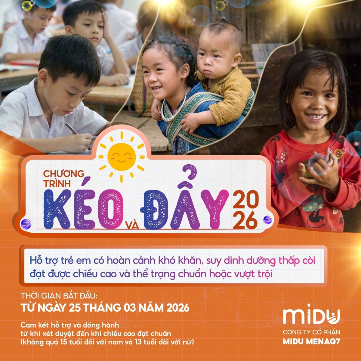 Poster Chương trình Kéo và Đẩy 2026 hỗ trợ trẻ em có hoàn cảnh khó khăn, suy dinh dưỡng thấp còi