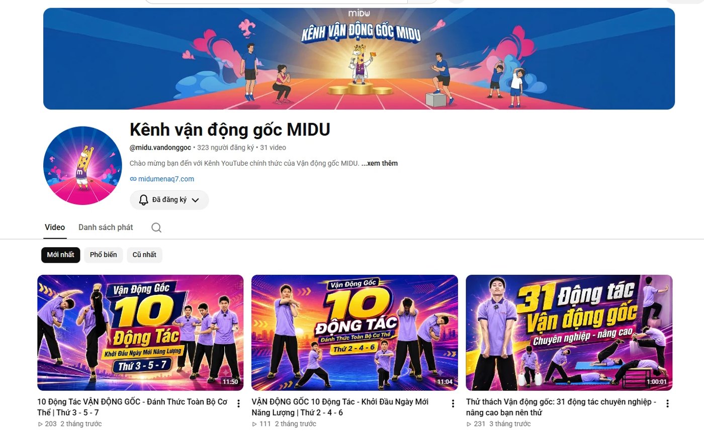 Trang kênh YouTube Kênh vận động gốc MIDU với các video bài tập
