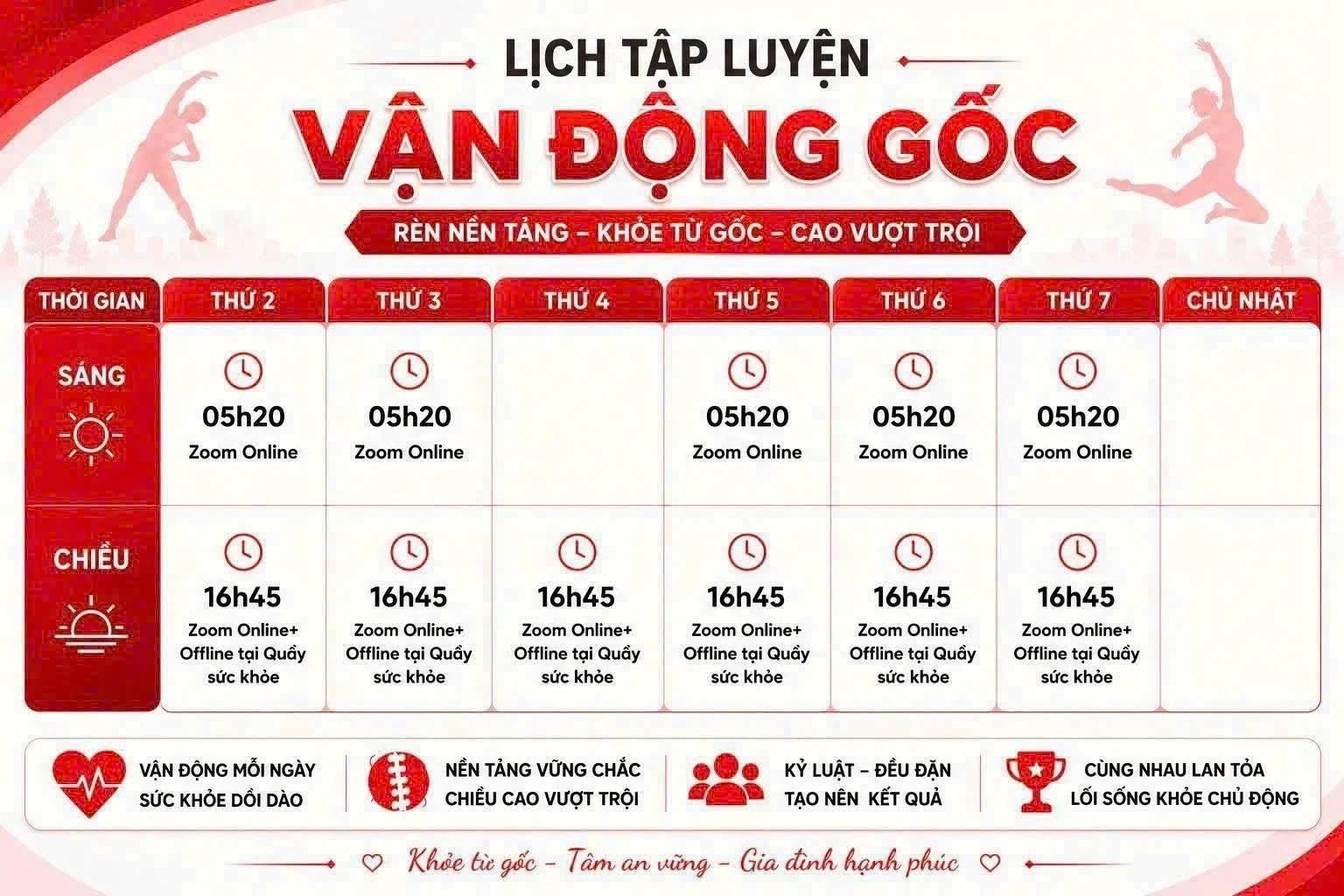 Lịch tập luyện Vận động gốc: sáng 05h20 Zoom online thứ 2, 3, 5, 6, 7; chiều 16h45 Zoom online và offline tại Quầy sức khỏe từ thứ 2 đến thứ 7; Chủ nhật nghỉ